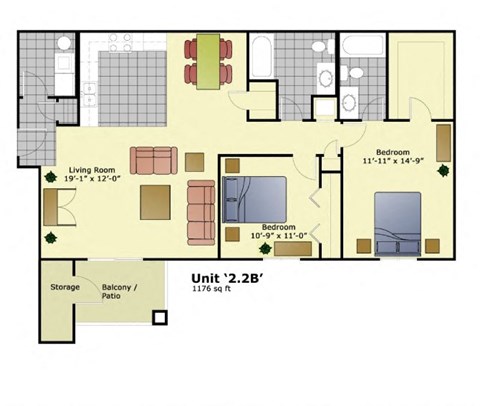 Floor plan for 2 beds, 2 baths, 1176 sqft